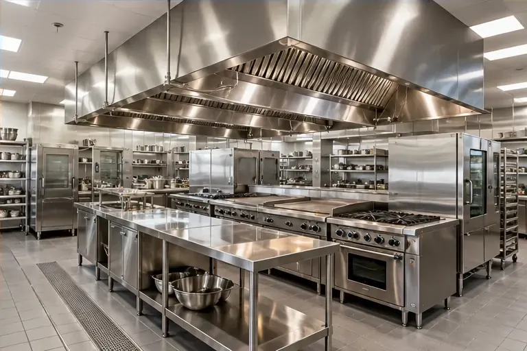 Illustrative stainless steel commercial kitchen with an exhaust hood over the cooking line