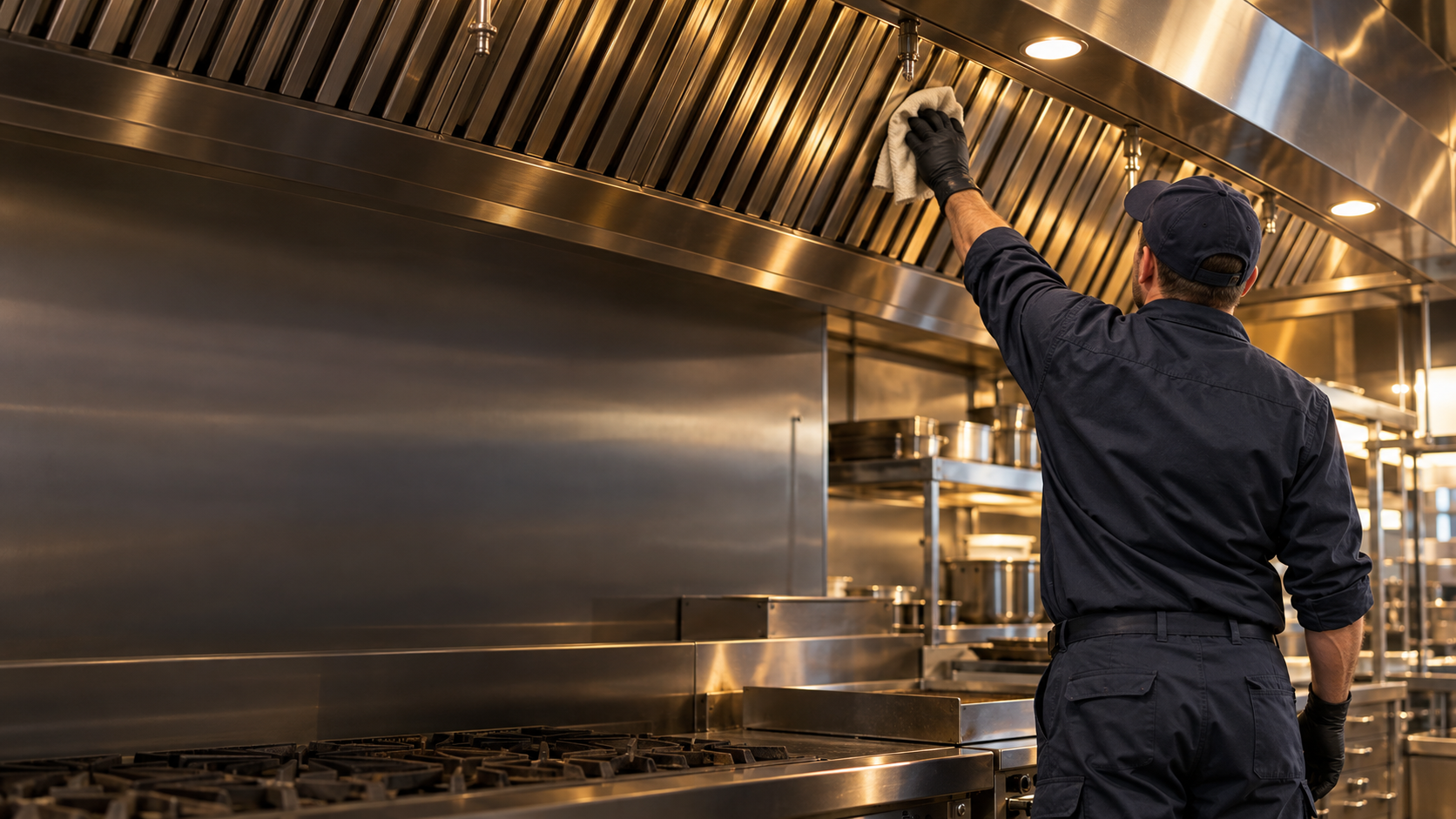 Illustrative technician working beneath a commercial kitchen exhaust hood