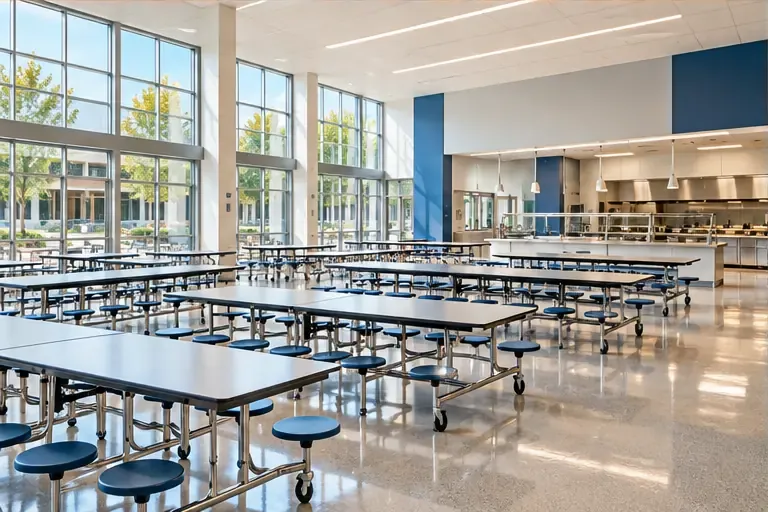 Illustrative school cafeteria and serving line